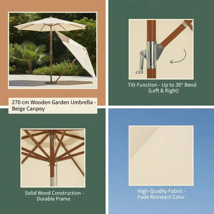 Ombrellone da Patio Grande 2,7m con Sollevamento a Carrucola, Tessuto in Poliestere Impermeabile e Resistente allo Sbiadimento, Parasole da Esterno per Giardino, Spiaggia, Piscina, Cortile