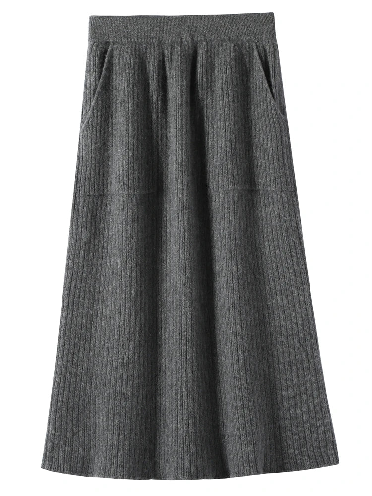 Yoyoselect 100% Cashmere Women's Skirts Autumn Winter Mid Calf Length Knitted Skirt Soft Versatile Quality OL Skirts Clothing PlatiNum