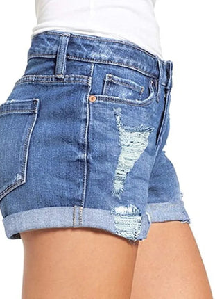 High-End Elastic Ripped Denim Shorts for Women Comfortable Fit Fashionable Tear Design PlatiNum