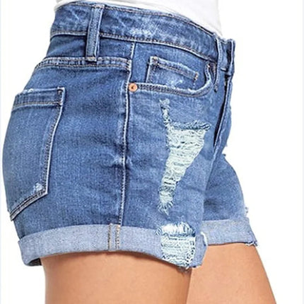High-End Elastic Ripped Denim Shorts for Women Comfortable Fit Fashionable Tear Design PlatiNum