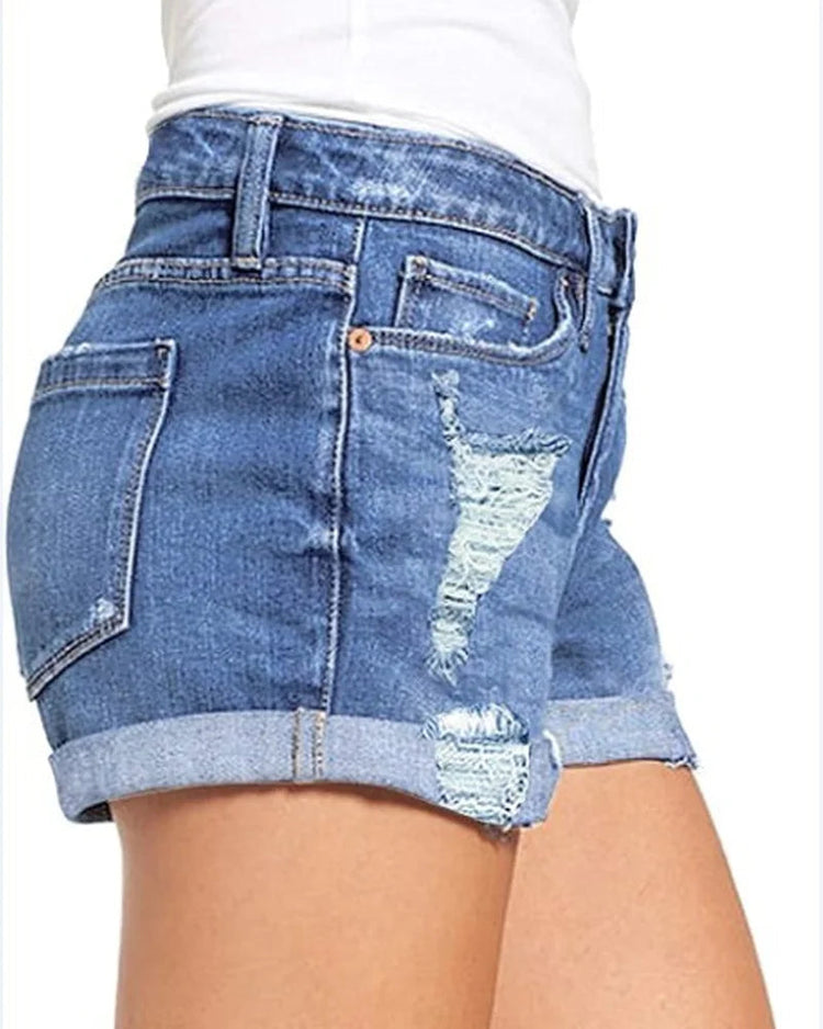 High-End Elastic Ripped Denim Shorts for Women Comfortable Fit Fashionable Tear Design PlatiNum