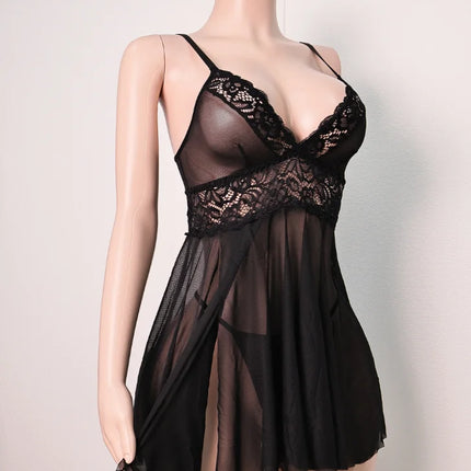 Women Sexy Sheer Mesh Babydoll Nightdress Floral Lace Trim V Neck Spaghetti Strap Lingerie