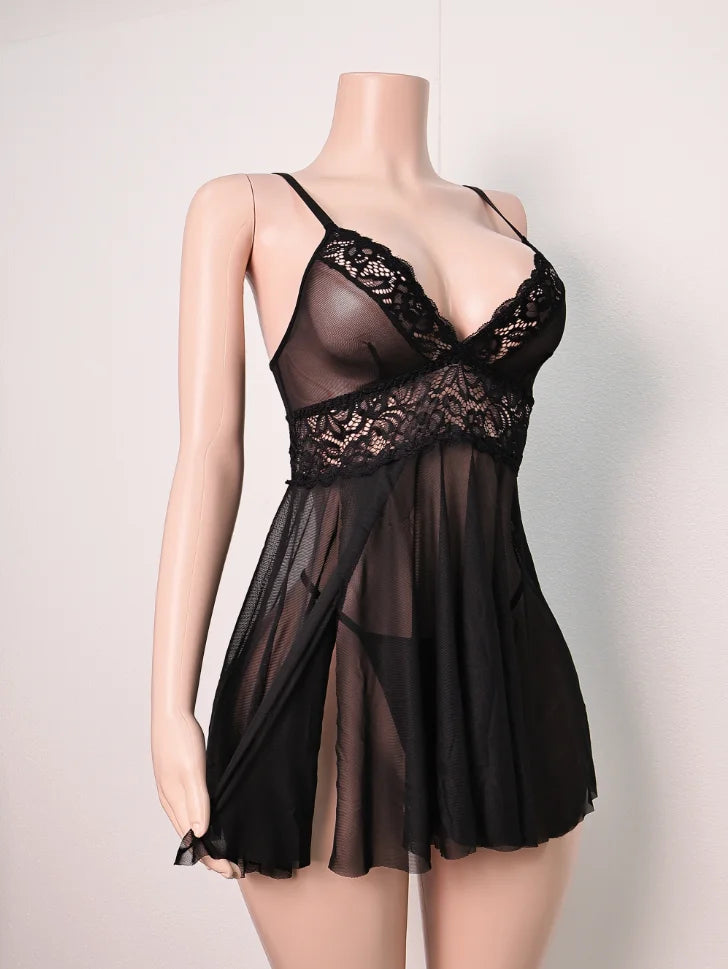 Women Sexy Sheer Mesh Babydoll Nightdress Floral Lace Trim V Neck Spaghetti Strap Lingerie