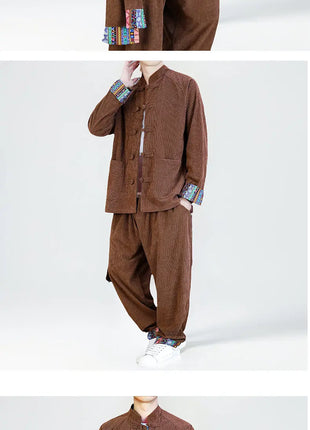 2026 Uomini di Stile Cinese Retro Tang Vestito Da Uomo di Velluto A Coste Patchwork Set Stampato Int