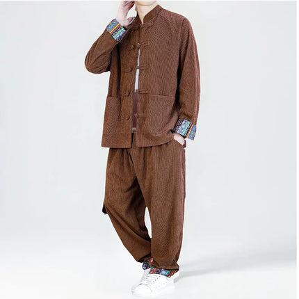 2026 Uomini di Stile Cinese Retro Tang Vestito Da Uomo di Velluto A Coste Patchwork Set Stampato Intrattenimento Musiche E Canzoni Mens Vintage Stampa Set Maschile Casual Kung Fu Vestito