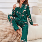 Set pigiama in raso con bordature a contrasto con stampa floreale, pigiama da donna e pigiama con bottoni e pantaloni con risvolto