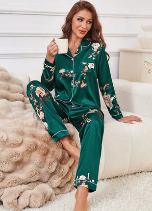 Set pigiama in raso con bordature a contrasto con stampa floreale, pigiama da donna e pigiama con bottoni e pantaloni con risvolto
