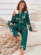 Set pigiama in raso con bordature a contrasto con stampa floreale, pigiama da donna e pigiama con bottoni e pantaloni con risvolto