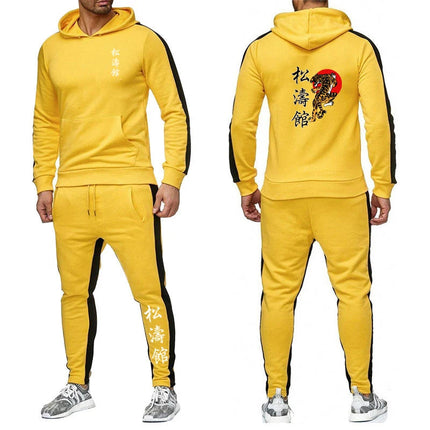 2025 Spring Autumn Shotokan Karate Print Men's Solid Color Hooded Tracksuit Pullover Hoodies+Casual Sweatpants High Street Sets PlatiNum