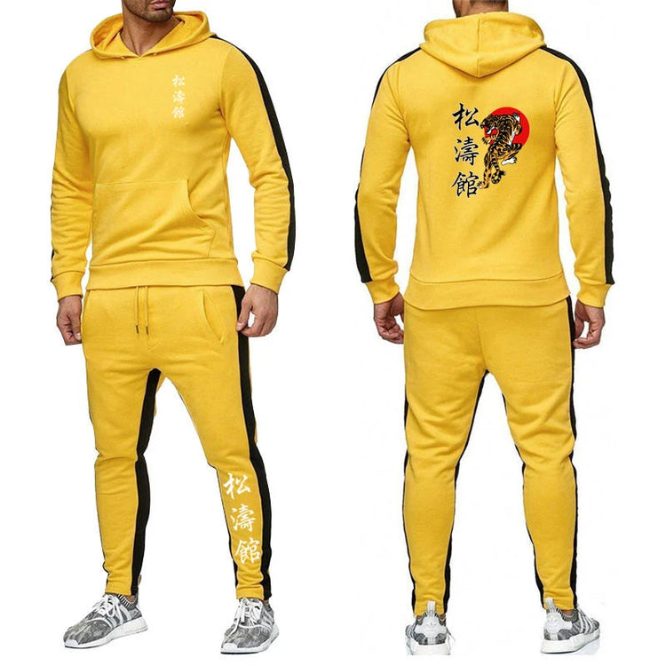 2025 Spring Autumn Shotokan Karate Print Men's Solid Color Hooded Tracksuit Pullover Hoodies+Casual Sweatpants High Street Sets PlatiNum