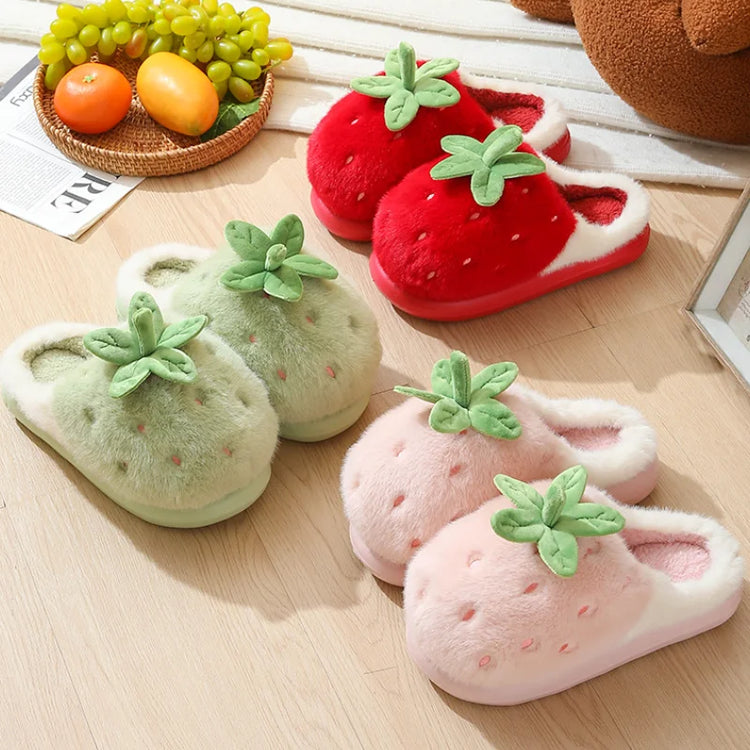 Cute Strawberry Design Furry Cotton Slippers Women's Winter Thick Soled Anti Slip Indoor Home Slippers Comfort Plush Warm Shoes