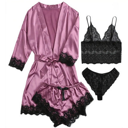Pigiama da donna lussuoso con scollo a V in 4 pezzi camicia da notte sexy pizzo in raso halter accappatoio in raso di seta camicia da notte per la casa pigiama sexy per la casa platinumshop