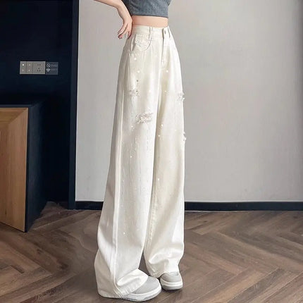 Jeans bianchi traspiranti a gamba larga da donna Pantaloni strappati per pantaloni estivi a vita alta con diamanti