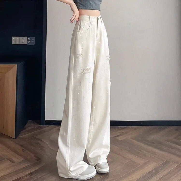 Jeans bianchi traspiranti a gamba larga da donna Pantaloni strappati per pantaloni estivi a vita alta con diamanti