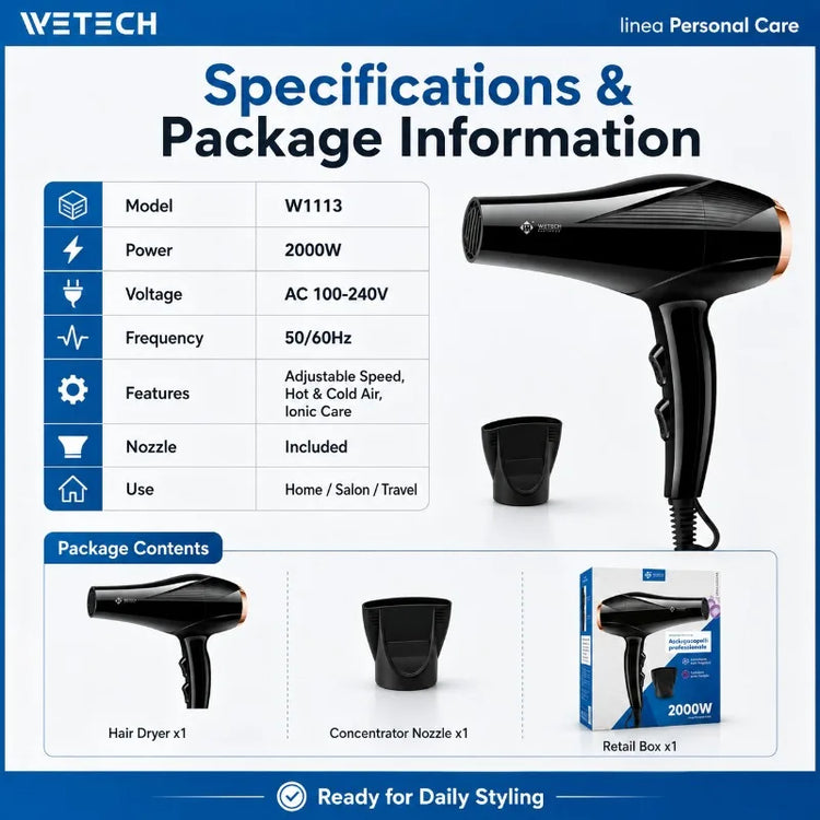 Professional 2000W Ionic Hair Dryer 100‑240V Universal Voltage Blow Dryer Fast Drying With Nozzle Hot Cold Air For Home Salon Hair Styling