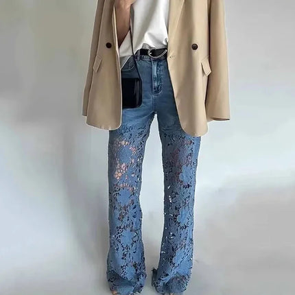 Jeans a Vita Alta e Gamba Larga, Pantaloni Estivi alla Moda con Inserti in Pizzo, Jeans in Denim Traforato e Drappeggiato, Jeans da Donna in Cotone con Cerniera per Primavera
