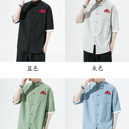 Camicie Retrò da Uomo Ricamate Stile Kung Fu Tai Chi, Camicie Casual a Maniche Corte, Stile Cinese in Lino Traspirante e Cotone per Uomo