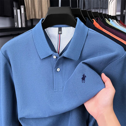 High-end branded long-sleeved polo shirt, 100% cotton, new business men's leisure lapel t-shirt, luxury comfort with Paul pony embroidery