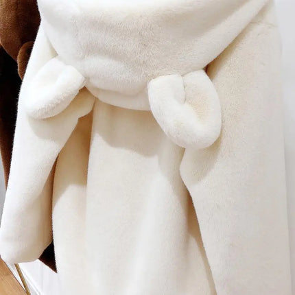 Cosy Loose Faux Fur Coat Womens Faux Fur Fuzzy Hooded Fluffy Ears Surcoat Overcoat Woman Winter Warm Outerwear Snowy Day Wrap
