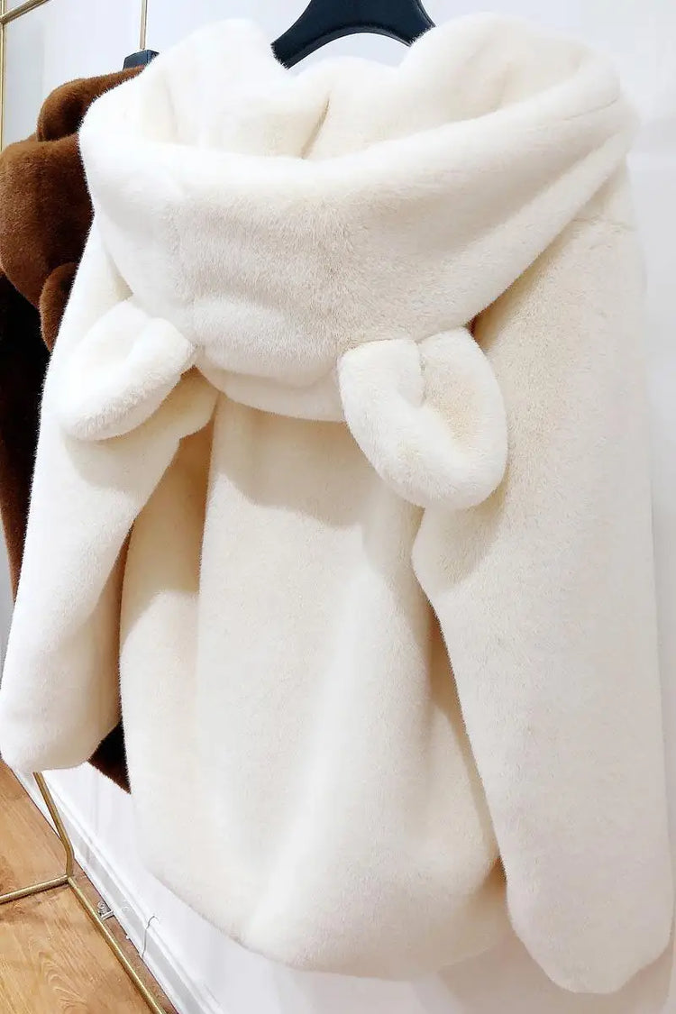 Cosy Loose Faux Fur Coat Womens Faux Fur Fuzzy Hooded Fluffy Ears Surcoat Overcoat Woman Winter Warm Outerwear Snowy Day Wrap
