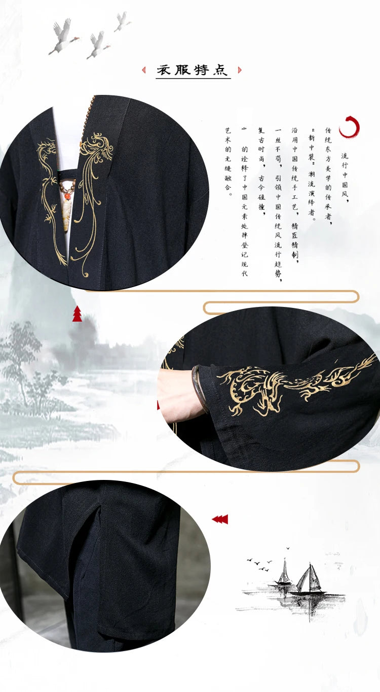 Trench da uomo ricamato in cotone Hanfu Lino Abito stile cinese Giacca cardigan Casual Kimono oversize 5XL Cappotto antico maschile