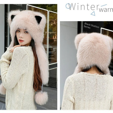Women's Winter Hats Fox Fur Flight Hats Ushanka Hats For Women Winter Outdoor Windproof And Warm Plush Outdoor Hats For Skiing