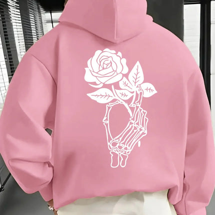 Gothic Skeleton Hand Holding Rose Large Back Print Hoodie Pullover Unisex Loose Fleece Lined Autumn Winter