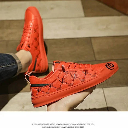 European Station Leather Fashion Men's Sneakers Men Shoes Man Embossed All Fashion Leather Red Casual Shoes for Men Men Shoes