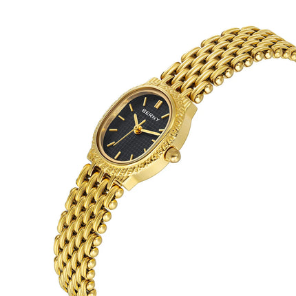 BERNY Orologio al quarzo da donna Cinturino in acciaio inossidabile dorato Orologio da polso ellittico di lusso Orologio da donna semplice retrò impermeabile platinumshop