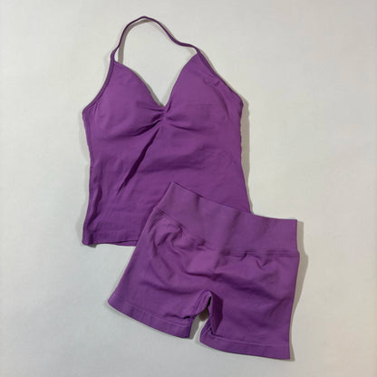 Yoga 2pcs Impact Gym Set Women Backless Tank Tops High Waist Scrunch Seamless Shorts Fitness Clothes Activewear Workout Sets