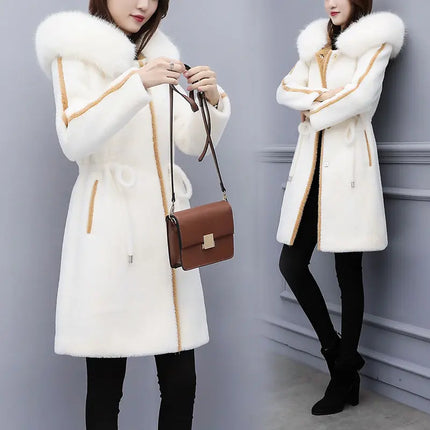 Imitation Mink Fleece Jackets Womens Autumn Winter Thicken Warm Hooded Woolen Coat High End Lady Gold Mink Velvet Wool Overcoat