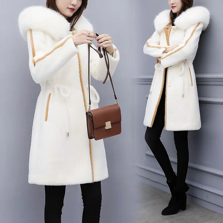 Imitation Mink Fleece Jackets Womens Autumn Winter Thicken Warm Hooded Woolen Coat High End Lady Gold Mink Velvet Wool Overcoat