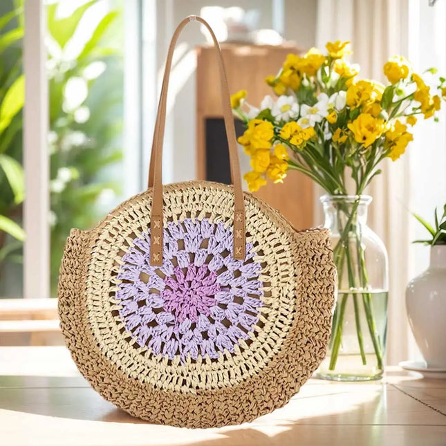 Round Summer Straw Bag with Color Collision Zipper Beach Crossbody Bag Large Woven Beach Bag Travel Vacation Bag