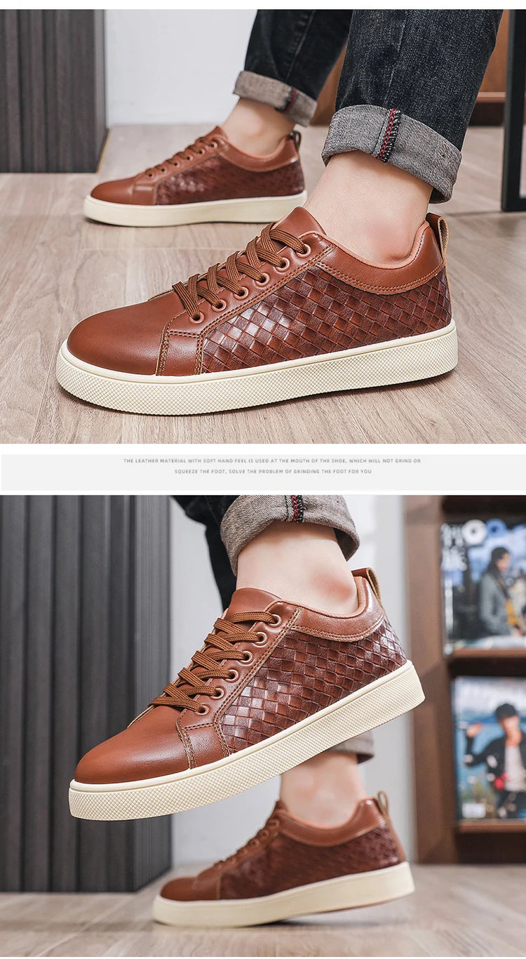Men Low Top Leather Casual Shoes Lace-up Fashion Sneakers Black Embossed Plaid Upper Non Slip Flat Daily Wear Board Footwear
