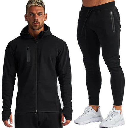 Men's Cotton Training Sets Gym Sportswear Zipper Hoodie Casual Sports Hooded 2-piece Top with Pants Black Sweatshirts Sweatpants PlatiNum
