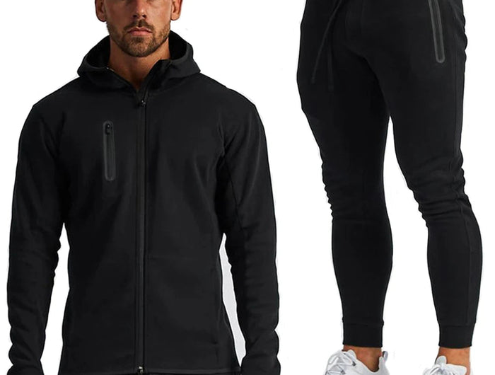 Men's Cotton Training Sets Gym Sportswear Zipper Hoodie Casual Sports Hooded 2-piece Top with Pants Black Sweatshirts Sweatpants PlatiNum