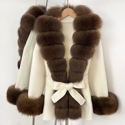 Real Fur Wool Jacket Fashion Reality Fur Jacket Women Natural Fox Fur Cuffs Winter Clothing Female Elegant with Belt Woolen Coat