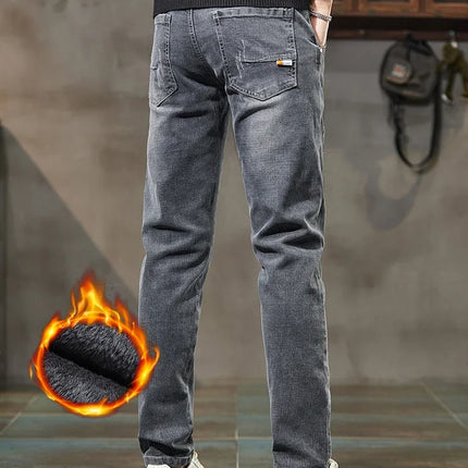 Men's Thick Winter Jeans Slim Elastic Velvet Warm Business Casual Trousers Fashion Vintage Straight Male Plush Denim Pants