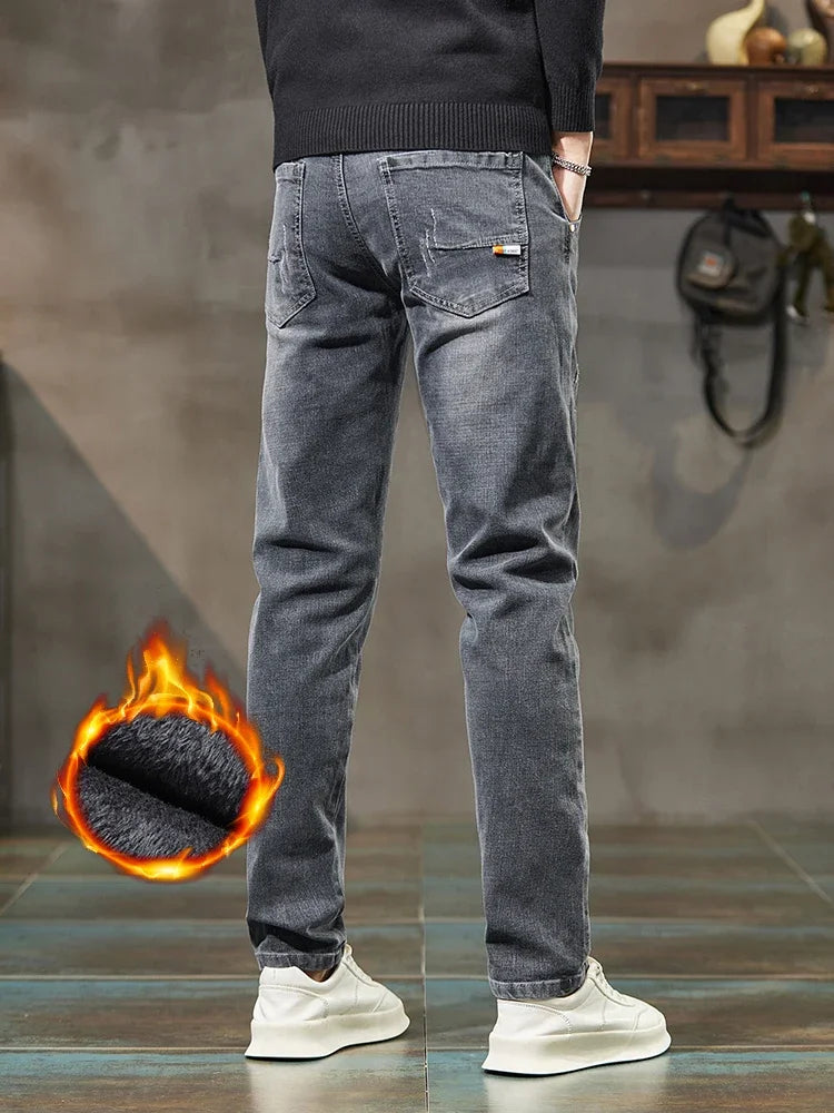 Men's Thick Winter Jeans Slim Elastic Velvet Warm Business Casual Trousers Fashion Vintage Straight Male Plush Denim Pants