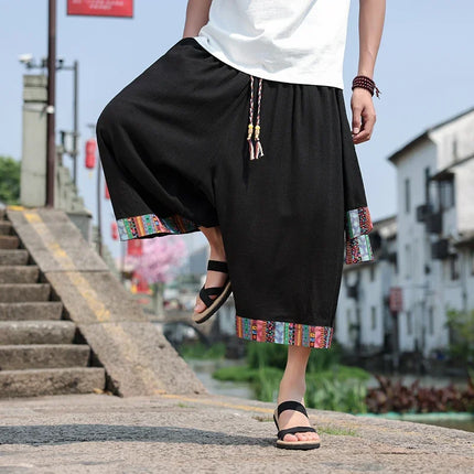 Pantaloncini kimono giapponese Costume da samurai in lino da uomo Ukiyo-e Cintura con stampa Pantaloni a gamba larga Retro Haori Pantaloni casual larghi Harajuku da uomo