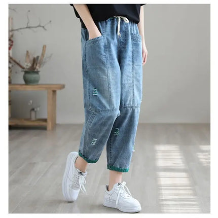 Jeans Strappati a Nove Punti da Donna, Nuovi Pantaloni Harem Casual Sottili con Vita Elastica, Lunghi alla Caviglia, in Denim, per l'Estate 2026