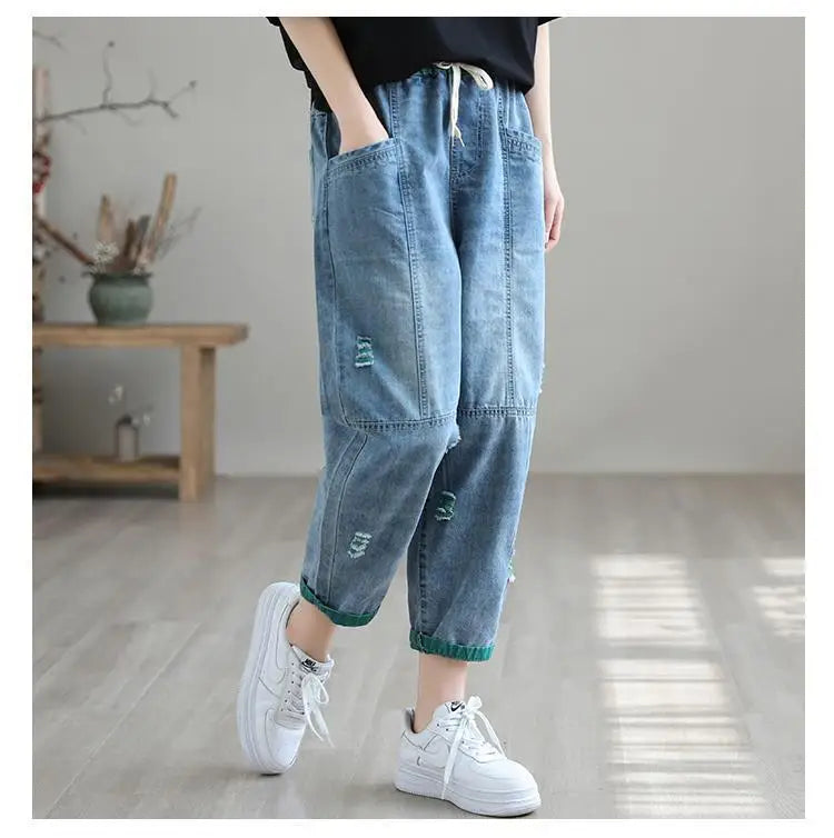 Jeans Strappati a Nove Punti da Donna, Nuovi Pantaloni Harem Casual Sottili con Vita Elastica, Lunghi alla Caviglia, in Denim, per l'Estate 2026
