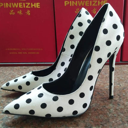 New round polka dot silk high heels with pointed toe, shallow mouth, thin heel 12cm Sexy French Girl Single Shoes PlatiNum