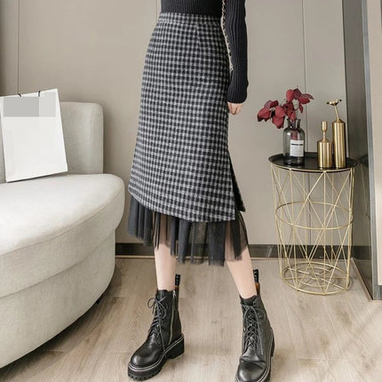 Woolen plaid skirt autumn and winter 2025 new plaid foreign style small man a word hip wrap medium and long skirt PlatiNum