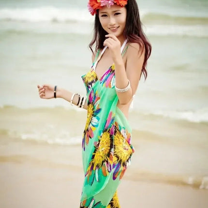 Copricostumi stampati Abito da spiaggia sexy Donna Halter Sling Chiffon Asciugamano da spiaggia Bikini Wrap Pareo Gonne Costumi da bagno aperti sul retro platinumshop