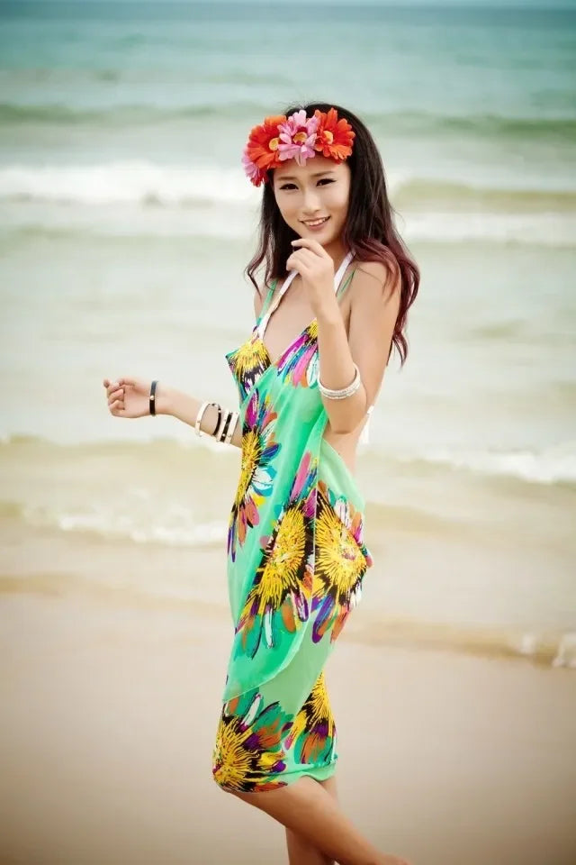 Copricostumi stampati Abito da spiaggia sexy Donna Halter Sling Chiffon Asciugamano da spiaggia Bikini Wrap Pareo Gonne Costumi da bagno aperti sul retro platinumshop