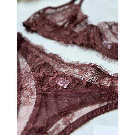 Tornova Erotic Lingerie French Retro Eyelash Lace Underwear Set Sexy Intimate See-through Ultra-thin Bra with Underwire Briefs