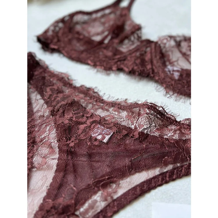 Tornova Erotic Lingerie French Retro Eyelash Lace Underwear Set Sexy Intimate See-through Ultra-thin Bra with Underwire Briefs