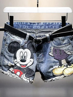 Women's High Waisted Denim Shorts-Korean-Inspired Loose Straight Leg-Distressed Cartoon Embroidery Trendy Summer Hot Pants