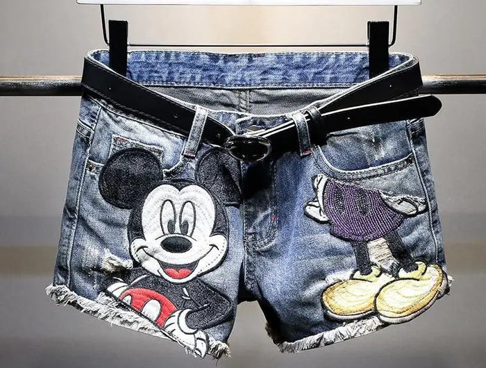 Women's High Waisted Denim Shorts-Korean-Inspired Loose Straight Leg-Distressed Cartoon Embroidery Trendy Summer Hot Pants PlatiNum